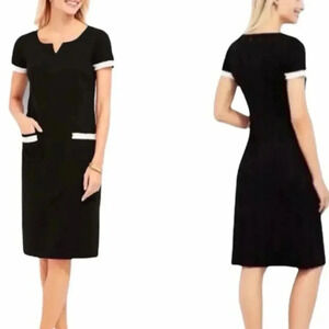 Talbots Black Fringe Tweed Dress Pockets Short Sleeve Stretch‎ Size 16